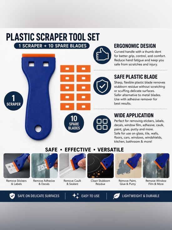 Other - Plastic Scraper Tool with 10 Orange Spare Blades - Blue Handle